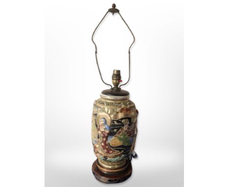A 20th century Japanese Satsuma export lamp base, height 55 cm including fitting 