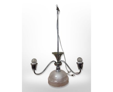 A 20th century chrome and clouded glass pendant light fitting, height 80 cm 