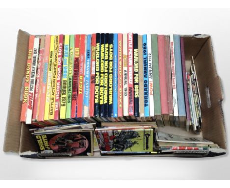 A box of vintage boy's annuals, War Lord, Victor, The Dandy, quantity of Commando pocket books etc 
