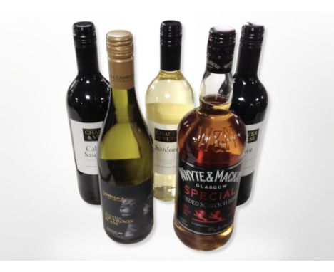 A bottle of Whyte and Mackay Special blended Scotch 1l and four further bottles including Souvignon blanc etc 