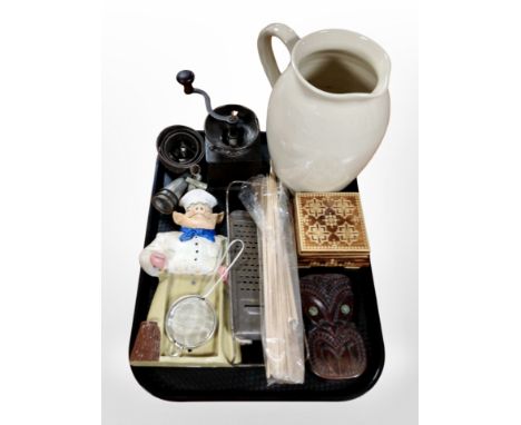 A group of mainly kitchenalia including antique coffee grinder, grater, ceramic jug, inlaid wooden trinket box, etc.