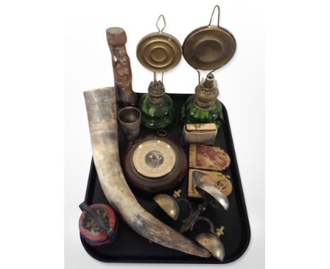 Two green glass and brass oil lamp bases together with a circular barometer, reproduction icon, West German table lighter, Af