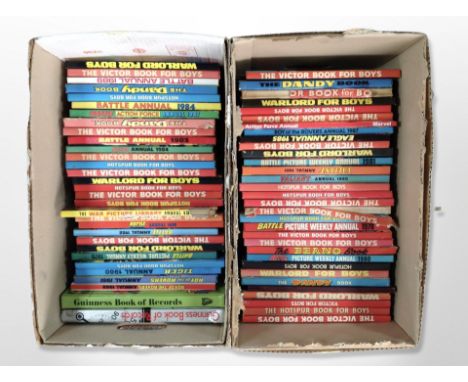 Two boxes of collection of vintage boy's annuals, Victor, The Dandy, Warlord etc 