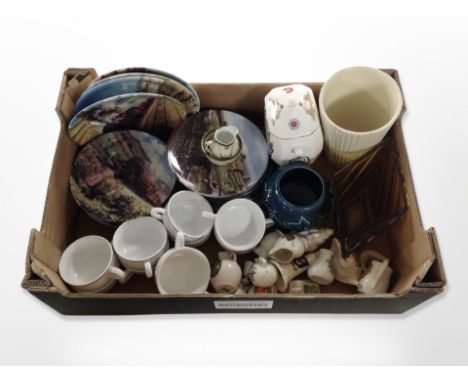 A box of crested china, Virgin trains ceramic tea cups, further collector's plates including Bradex depicting trains