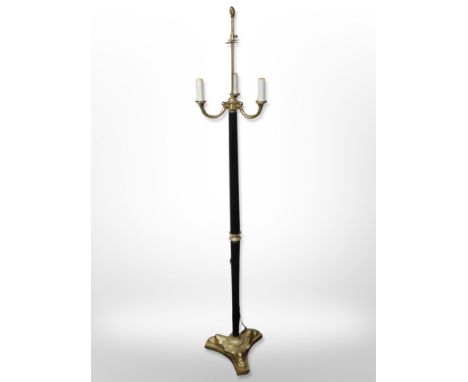 A 20th century Scandinavian brass mounted triple sconce standard lamp, height including fitting 172 cm
