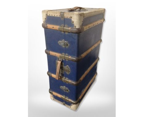 A vintage canvas and wooden bound trunk, width 81 cm