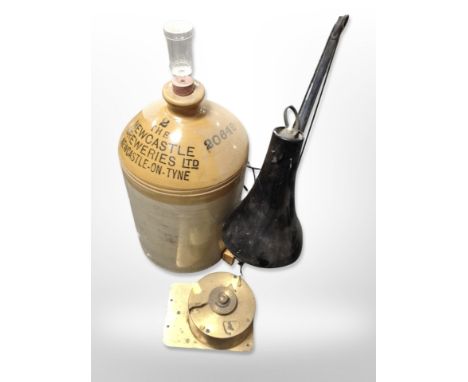 A Newcastle Breweries Ltd stoneware flagon, angle poise lamp, brass cased time piece 