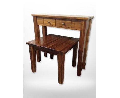 A contemporary stained pine two drawer hall table, width 90 cm, together with a similar square lamp table 