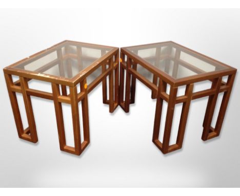 A pair of 20th century glass topped lamp tables, 66 cm wide x 46 cm deep x 50 cm high 