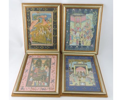 A group of four Persian watercolours, depicting a nobleman and his court, including hunting and garden scenes, (4)