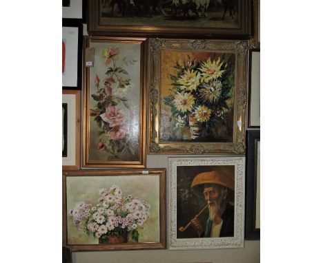 Early 20th Century, British School, still life of roses, oil on canvas, together with two further floral works, portrait and 