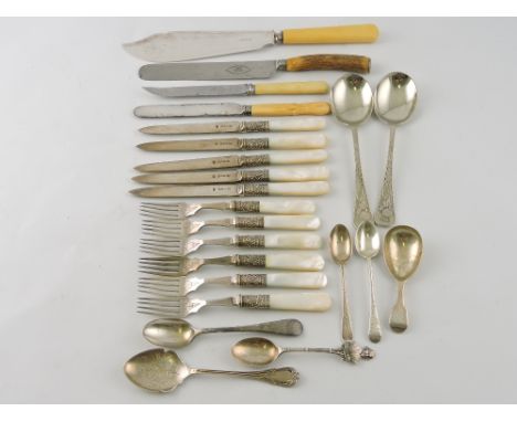 A Georgian caddy spoon, London 1795, together with small quantity of sundry spoons and a set of fruit eaters with mother-of -