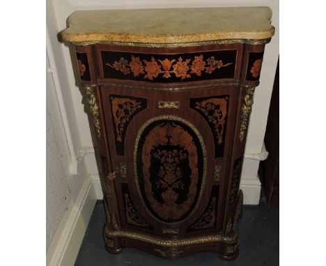 A French pier cabinet, with a serpentine marble top above a frieze drawer and panel door painted and inlaid with flowers and 