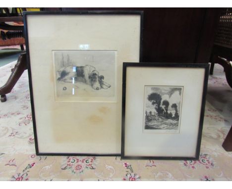 An etching after Marion Harvey of a terrier, together with another of a country scene, signature indistinct (2). 