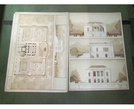 Six large architectural plans, "An Assembly Room", drawn by an architecture student, 1952-3, pencil and sepia wash 