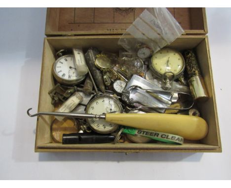 A box of miscellaneous including pocket watches, button hook, whistle, etc 