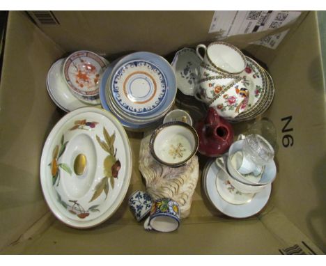 A box of assorted glass and ceramics including Royal Worcester Evesham casserole dish, tea wares etc 