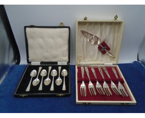 Box of silver plated spoons and boxed Angora silver plated cake knife and forks 