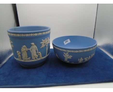Wedgwood blue jasperware planter (17.5cm dia x 16cm tall) and large bowl (20cm dia x 10cm tall)  