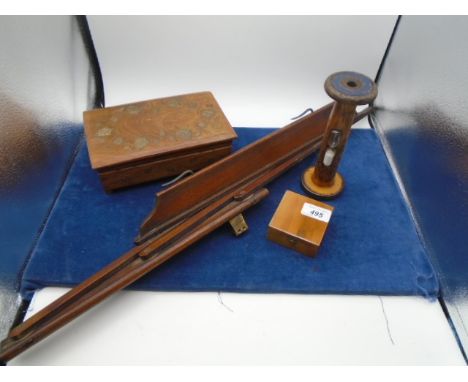 Collection of treen to include boxes, piano music stand, egg timer/cotton bobbin