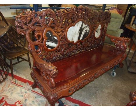 Carved Oriental 3 Seater Sofa , 2 Armchairs , Coffee Table and Side table all with marble insets