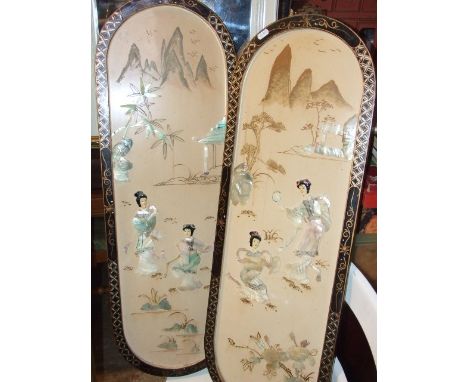 2 Oriental Wall Plaques with Mother Pearl on Painted Background  36 x 12 inches
