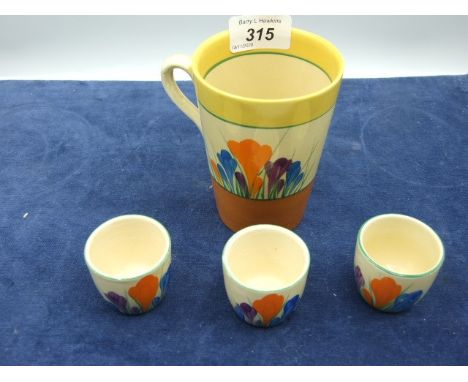 Clarice Cliff Bizarre Crocus Mug 11 cm tall and 3 Newport Pottery Fantasque Egg Cups