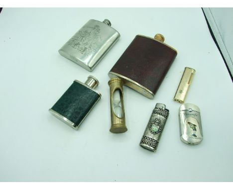 3 Hip Flasks , 3 Lighters and Brass Egg Timer