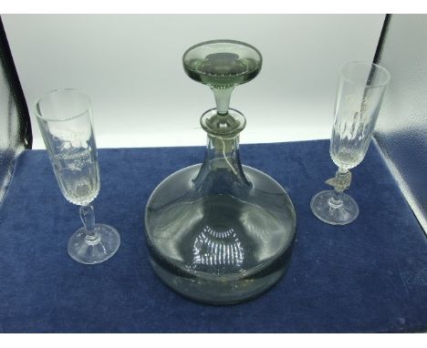 Ships Decanter 9 1/2 inches tall and 2 glasses