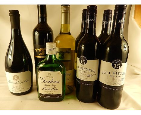 mixed lot to include: half bottle of Gordon's gin; 4 bottles of "The Full Fifteen Big Red" 2017; Black Stump 2013 Pinot Grigi