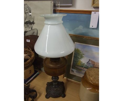 Antique Cast Iron Base Oil Lamp with Glass Reservoir 