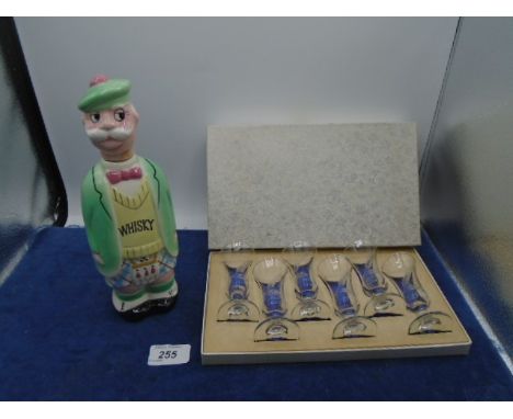 Retro Scotsman ceramic whiskey decanter with stopper plus boxed set of 6 sherry glasses 