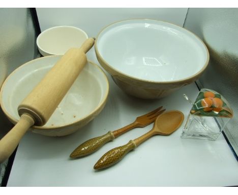 Mason Mixing Bowl 31 cm diameter , 2 Retro Salad Servers , Rolling Pin and Resin Marmalade Pot. 2 other bowls included both a