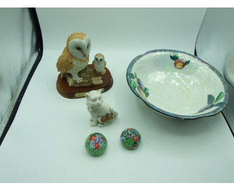 2 Paper weights , crested ware cat , barn owls and Carlton Ware Dish ( dish is chipped )