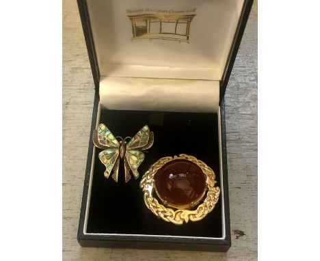Scottish Brooch and White Metal and Mother of pearl butterfly  brooch