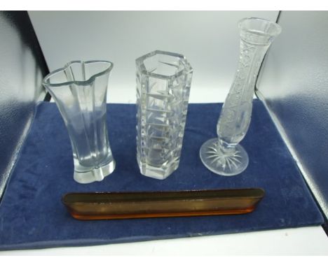 3 Glass Vases and Trough ( tallest vase 10 inches has small chip at top )