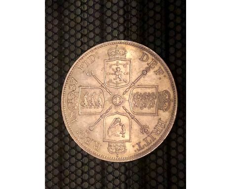 1887 Victoria Jubilee Head Silver Florin. Older jubilee portrait of Queen Victoria with the engraver's initials J.E.B. in rai