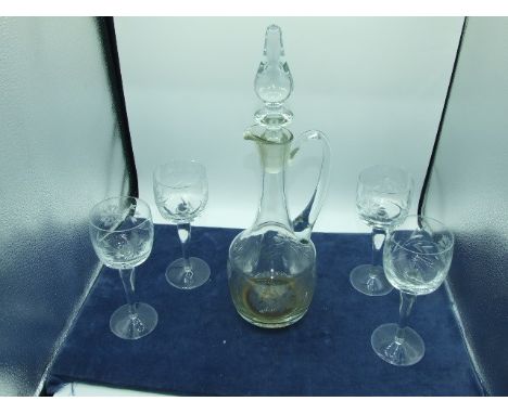 Glass Decanter 15 1/2 inches tall including stopper and 4 Glasses 