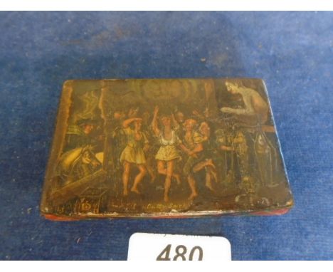An antique Lammie, Cumnock Mauchline ware / tartan ware snuff box with papier mache lid depicting a scene from Robert Burns p