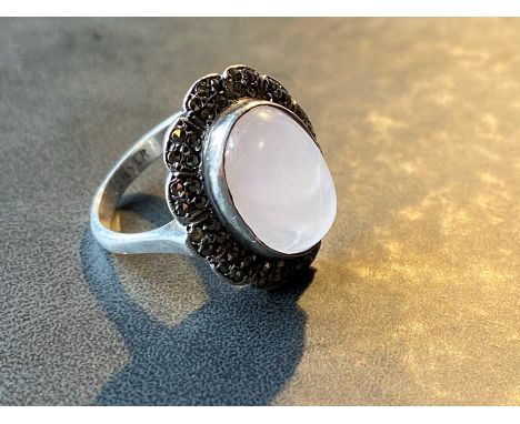 A silver opal and white stone set ring, L total weight 5.5g