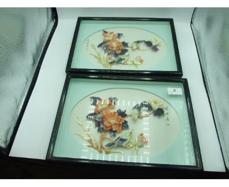 2 Framed Oriental Ceramic ? pictures of birds 32 x 21 cm