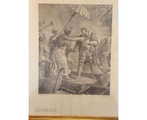 A framed engraving "The King of Melinde visits Vasco Da Gama"  after F. Gerard 36 x 44cm 