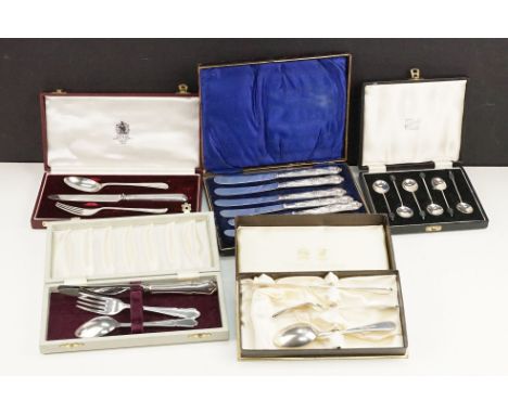 Collection of cased silver hallmarked cutlery to include an Asprey knife, fork and spoon set (hallmarked Sheffield 1987, Gee 