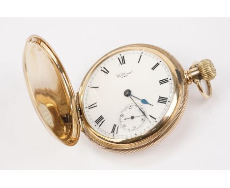 9ct gold Waltham full hunter pocket watch having a white enamelled face with roman numerals to the chapter ring and subsidiar