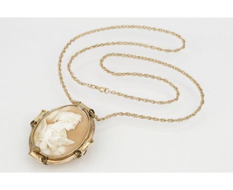 19th Century Victorian carved shell cameo brooch featuring a portrait of Hebe with an eagle set within a yellow metal mount o