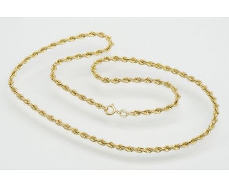 9ct gold rope twist chain necklace with a spring ring clasp. Hallmarked Sheffield to jump link. Measures 17 inches. 