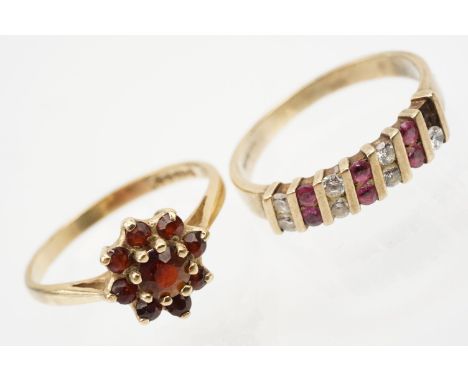 Two 9ct gold rings to include a ruby and white stone ring (one stone missing, hallmarked to shank, size M) together with a ga