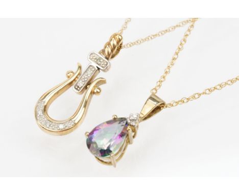 Two 9ct gold pendant necklaces to include a mystic topaz set pendant on a fine link chain and a lyre shaped pendant set with 
