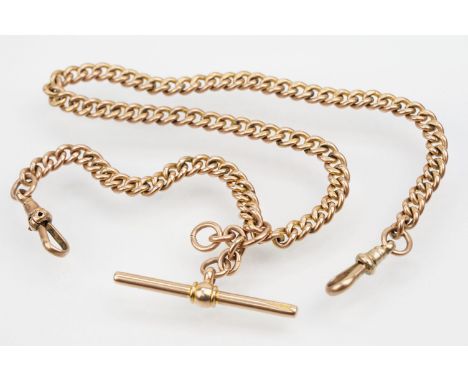 9ct gold pocket watch chain having curb links with two dog lead clasps and T bar pendant. Each link marked 9ct. Measures 15 i