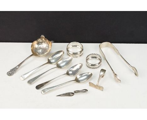 Assorted collection of silver hallmarked items to include four Georgian silver hallmarked teaspoons, a pair of sugar tongs (h